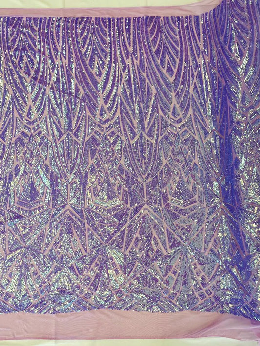Geometric Shiny Design Sequins Embroider on a 4 Way Stretch Mesh Fabric- Sold by The Yard. Lavender Iridescent