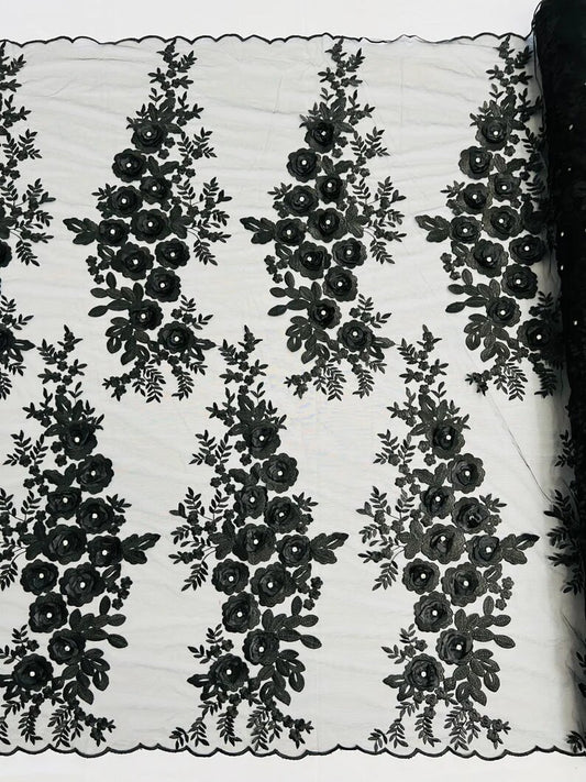 3D Floral Design Embroider and Beaded With Rhinestones on a Mesh Lace-Prom-Fashion-Sold by Yard. Black