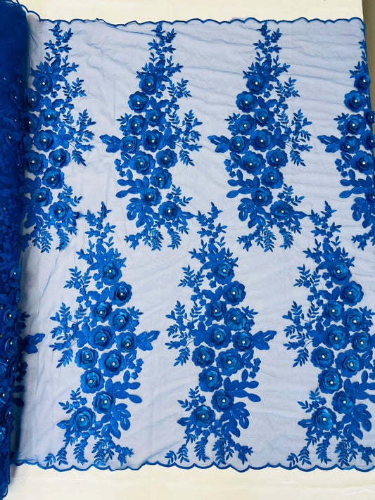 3D Floral Design Embroider and Beaded With Rhinestones on a Mesh Lace-Prom-Fashion-Sold by Yard. Royal