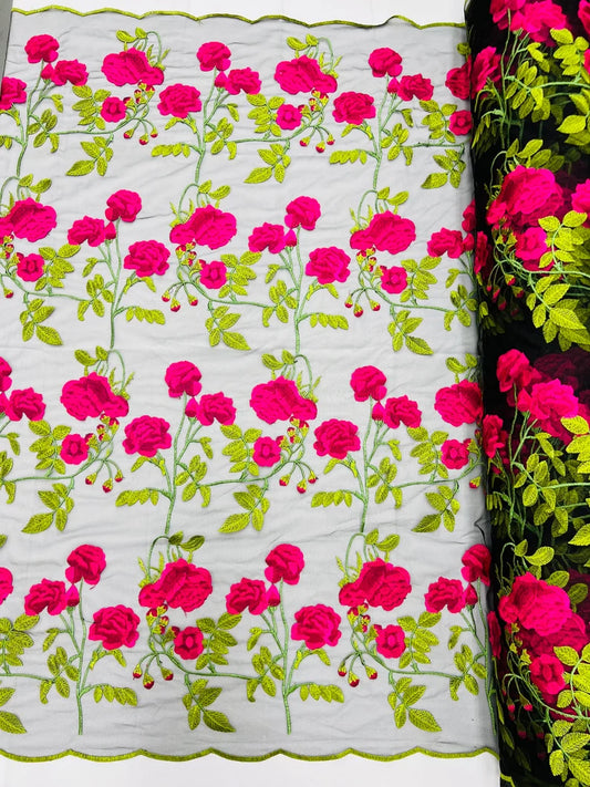 Multi color floral design embroider on a black mesh lace-dresses-apparel-fashion-prom-nightgown-decorations-sold by the yard. Fuchsia/Black