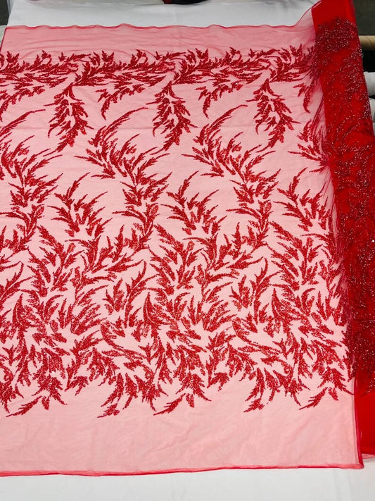 Elegant hand beaded design embroider on a glitter mesh lace-prom-sold by the yard. Red