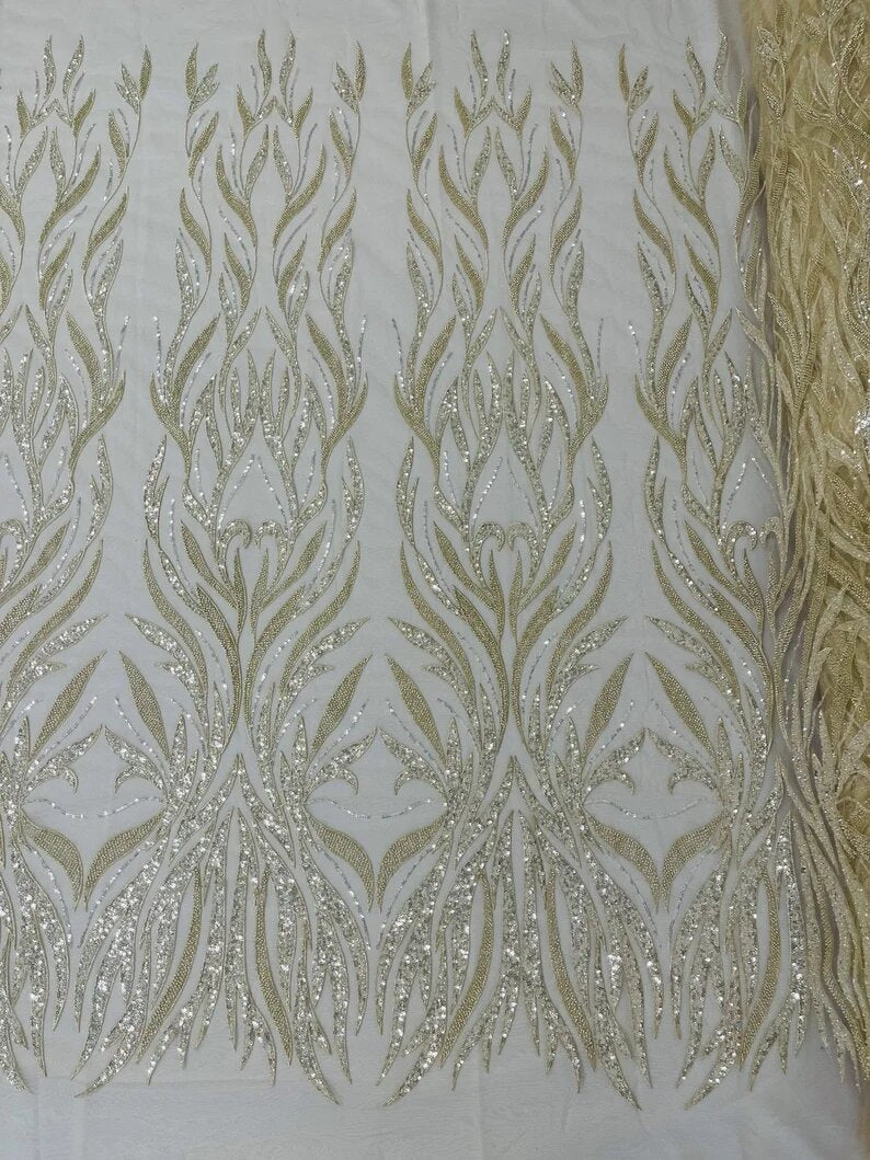 Royalty Fabrics Fashion Damask hand beaded design embroider on a mesh lace-prom-sold by the yard. Beige