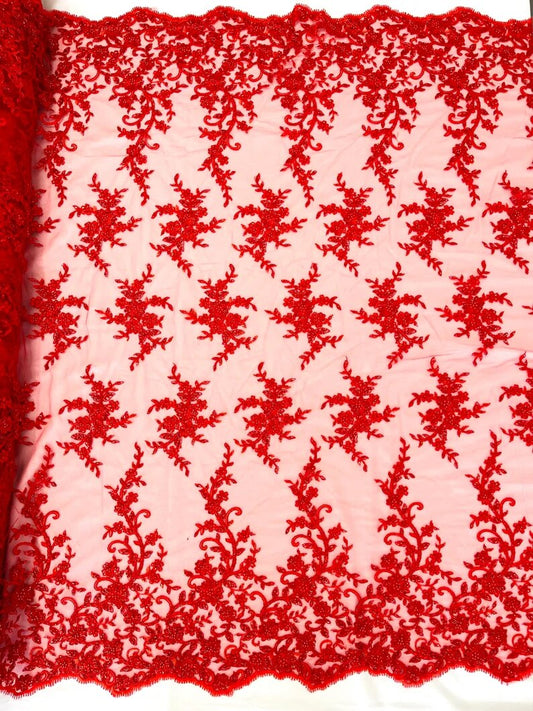 Royalty Fabrics Floral hand beaded design embroider on a mesh lace-prom-sold by the yard. Red