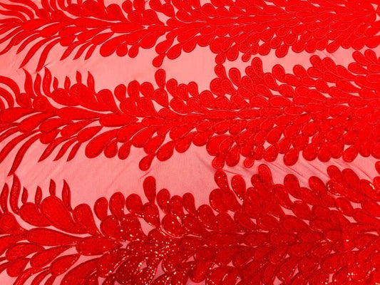 Royalty Feathers Peacock with Embroidery sequins on stretch Mesh Lace Fabric (By 3 Panels) Red