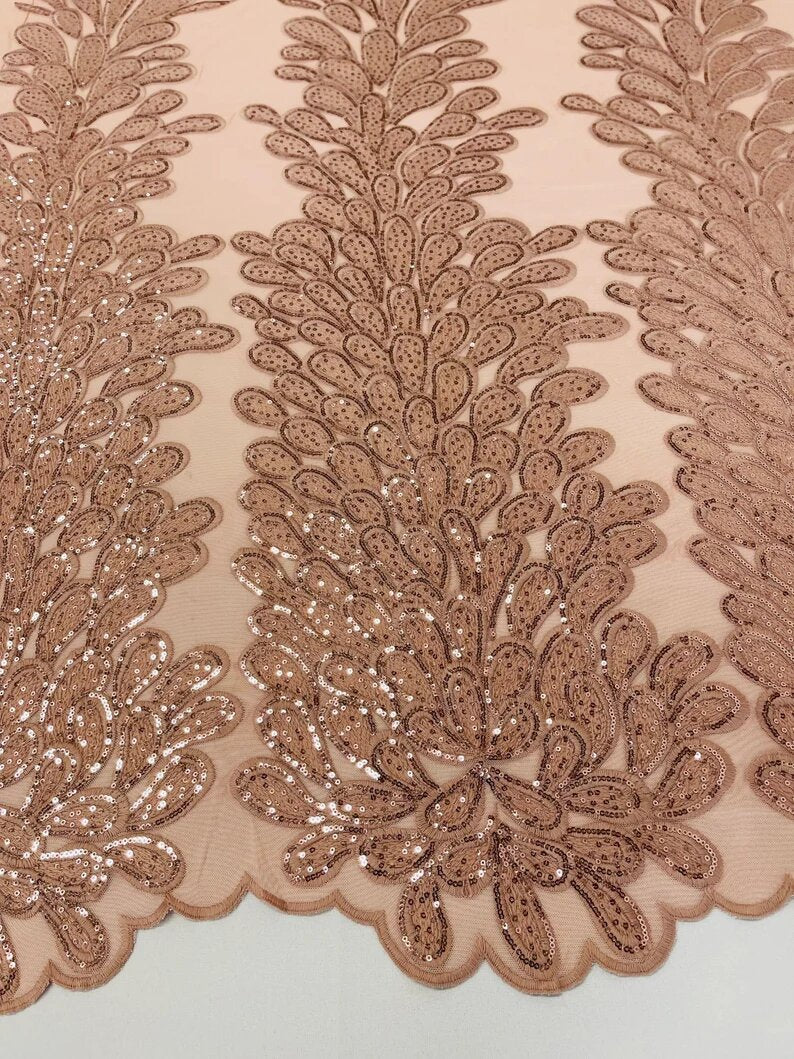 Royalty Feathers Peacock with Embroidery sequins on stretch Mesh Lace Fabric (By 3 Panels) Dusty Rose