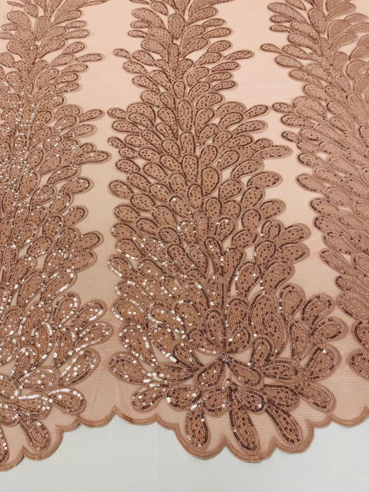 Royalty Feathers Peacock with Embroidery sequins on stretch Mesh Lace Fabric (By 3 Panels) Dusty Rose
