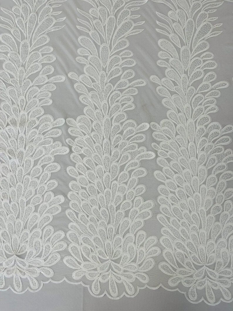 Royalty Feathers Peacock with Embroidery sequins on stretch Mesh Lace Fabric (By 3 Panels) White