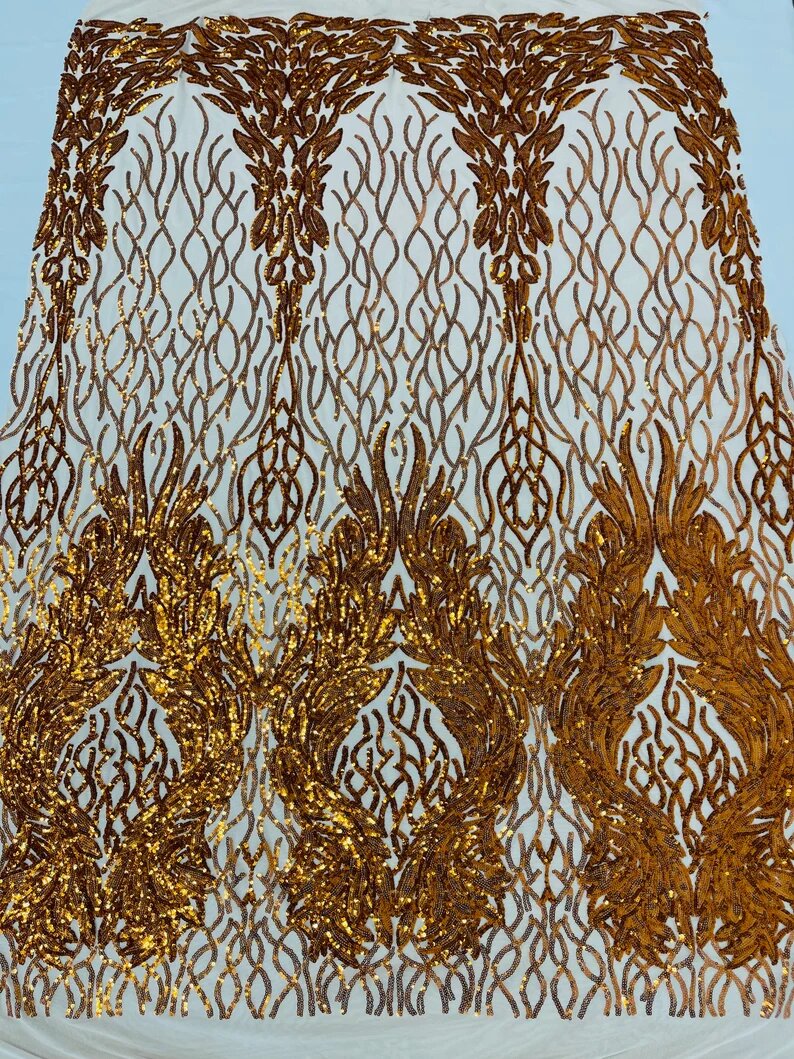 New Empire damask design with sequins embroider on a 4 way stretch mesh fabric-sold by the yard. Orange