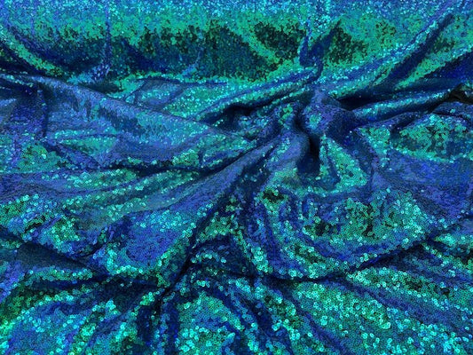 Iridescent Mermaid Fish Scales-Mini Glitz Sequins Embroider on a 2 Way Stretch Mesh Fabric-Sold by the Yard- Green Iridescent
