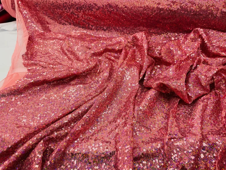 Iridescent Mermaid Fish Scales-Mini Glitz Sequins Embroider on a 2 Way Stretch Mesh Fabric-Sold by the Yard- Mauve Pink