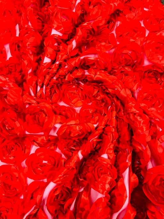 3D Rosette Embroidery Satin Rose Flowers Floral Mesh Fabric by the yard Red