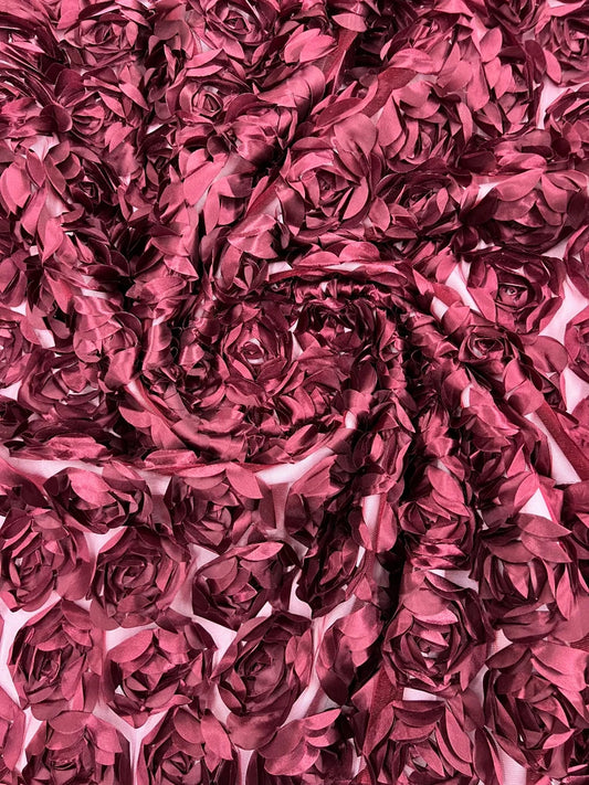3D Rosette Embroidery Satin Rose Flowers Floral Mesh Fabric by the yard Burgundy