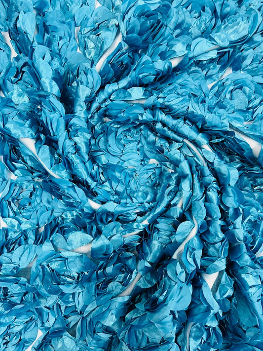 3D Rosette Embroidery Satin Rose Flowers Floral Mesh Fabric by the yard Turquoise