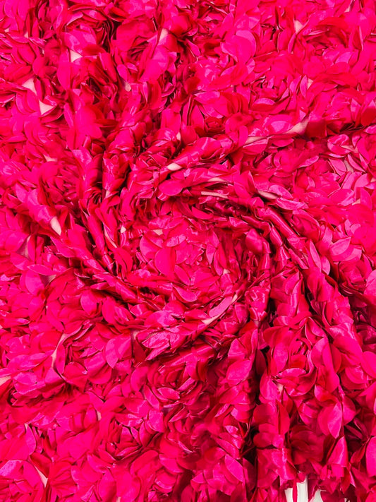 3D Rosette Embroidery Satin Rose Flowers Floral Mesh Fabric by the yard Fuchsia