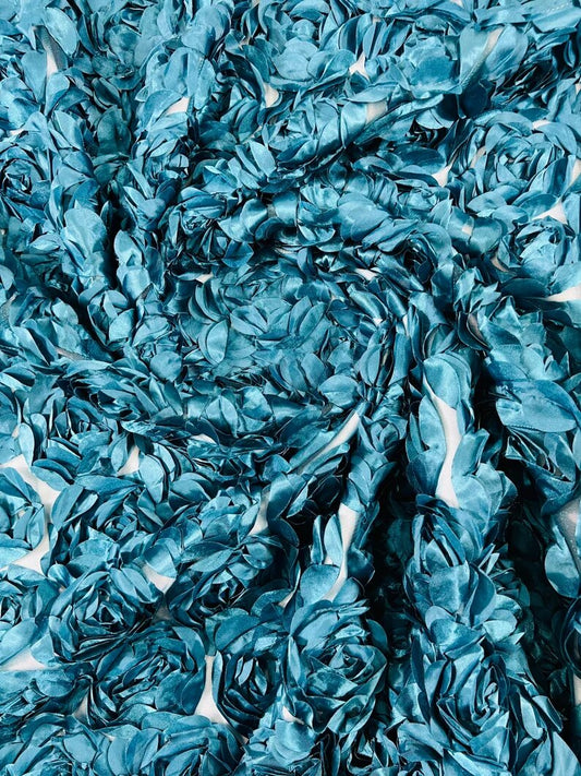 3D Rosette Embroidery Satin Rose Flowers Floral Mesh Fabric by the yard Teal