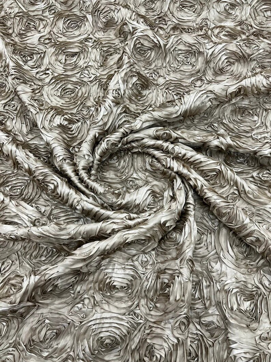 3D Rosette Embroidery Satin Rose Flowers Floral on a satin Fabric by the yard. Silver