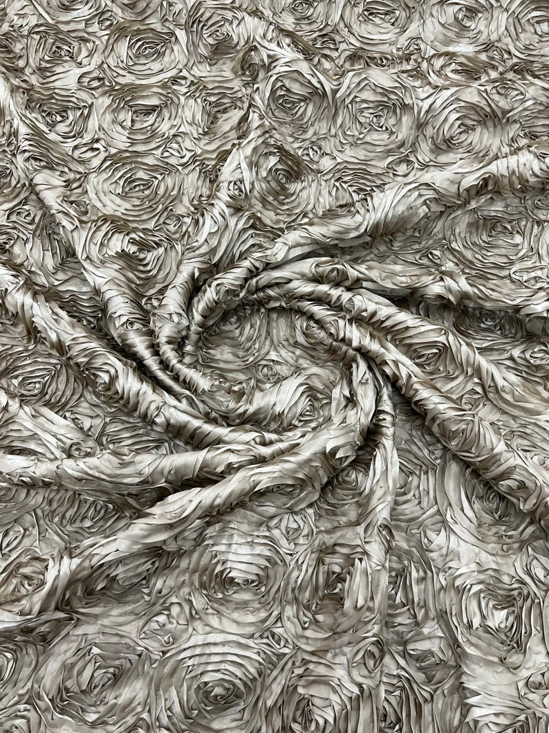 3D Rosette Embroidery Satin Rose Flowers Floral on a satin Fabric by the yard. Silver