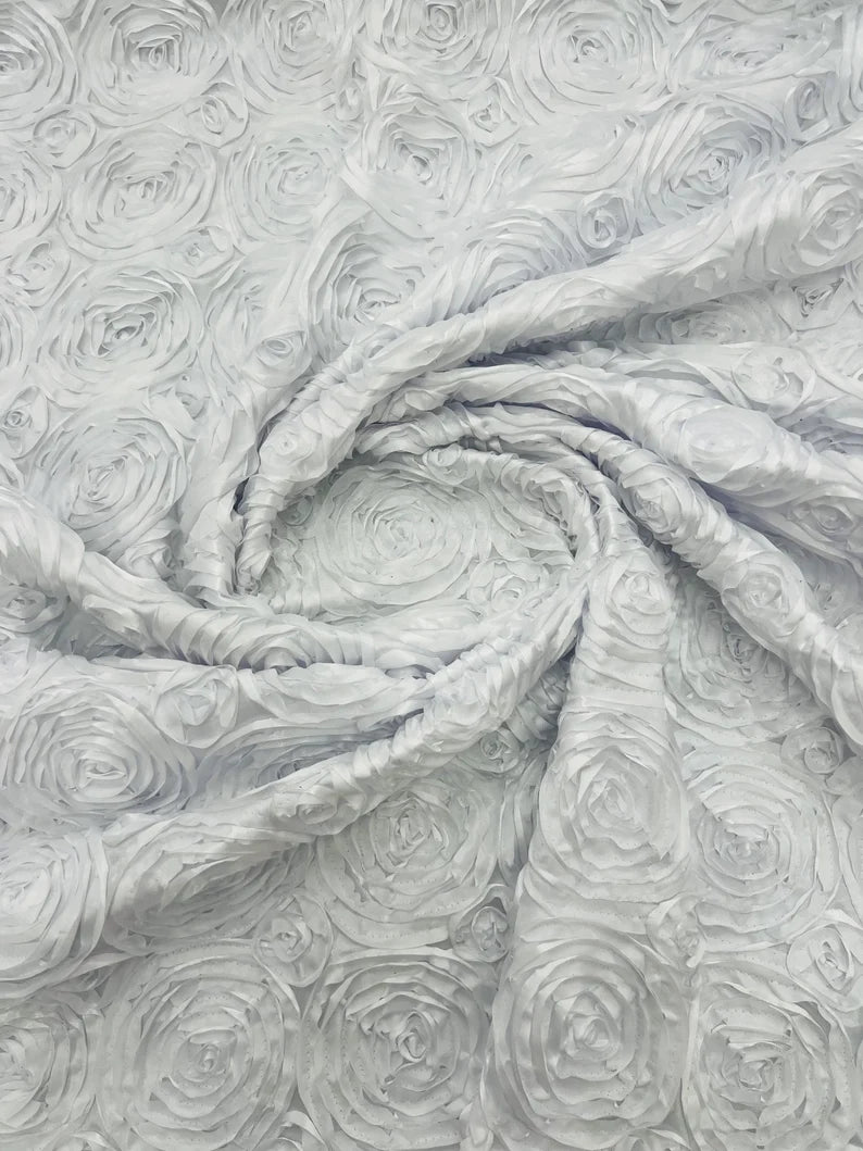 3D Rosette Embroidery Satin Rose Flowers Floral on a satin Fabric by the yard. White