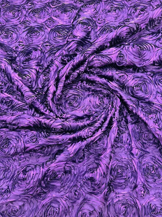 3D Rosette Embroidery Satin Rose Flowers Floral on a satin Fabric by the yard. Plum