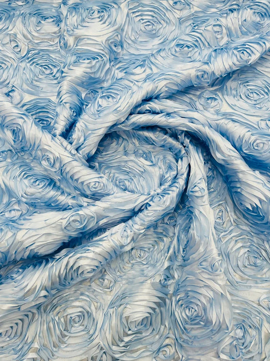 3D Rosette Embroidery Satin Rose Flowers Floral on a satin Fabric by the yard. Light Blue
