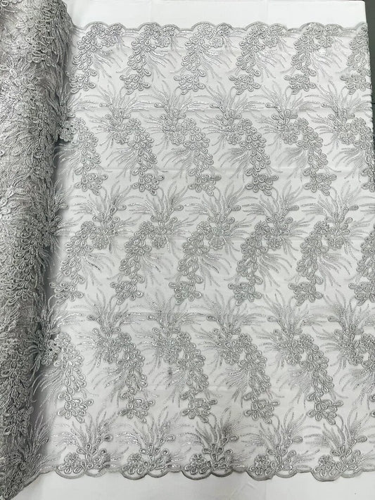 Feather design lace with metallic cord and embroider with sequins on a mesh-Sold by the yard. SilverGray