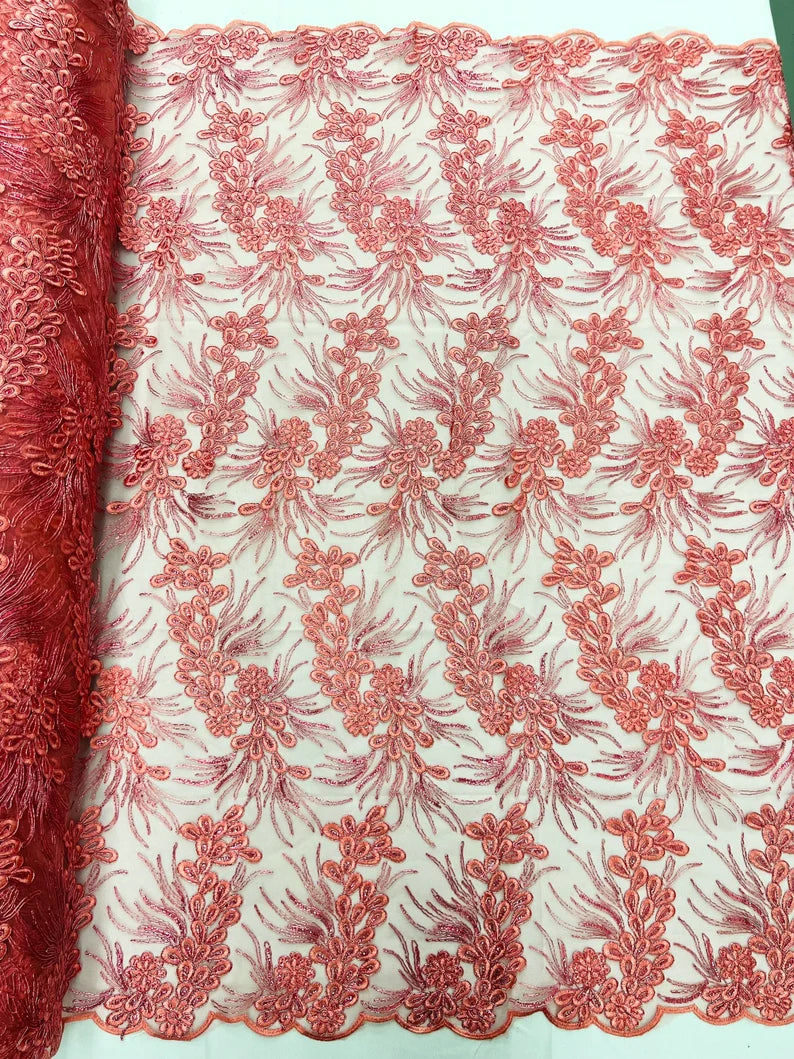 Feather design lace with metallic cord and embroider with sequins on a mesh-Sold by the yard. Mauve