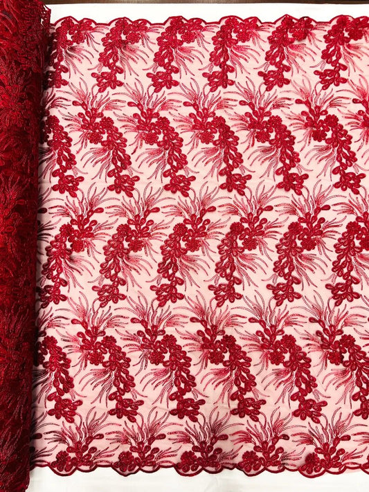 Feather design lace with metallic cord and embroider with sequins on a mesh-Sold by the yard. Burgund