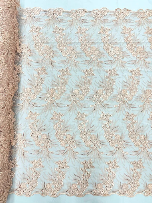 Feather design lace with metallic cord and embroider with sequins on a mesh-Sold by the yard. Blush Pink