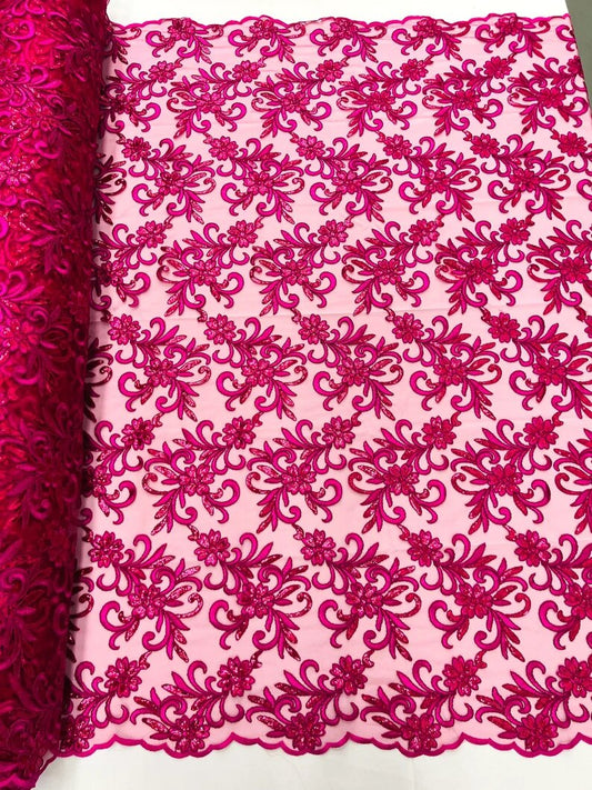 Corded flowers embroider with sequins on a mesh lace fabric-sold by the yard- Fuchsia
