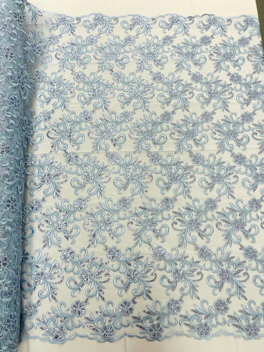 Corded flowers embroider with sequins on a mesh lace fabric-sold by the yard- Steel Blue