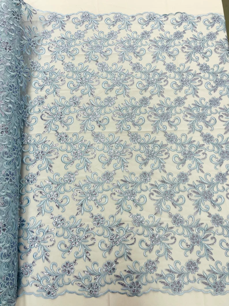 Corded flowers embroider with sequins on a mesh lace fabric-sold by the yard- Steel Blue