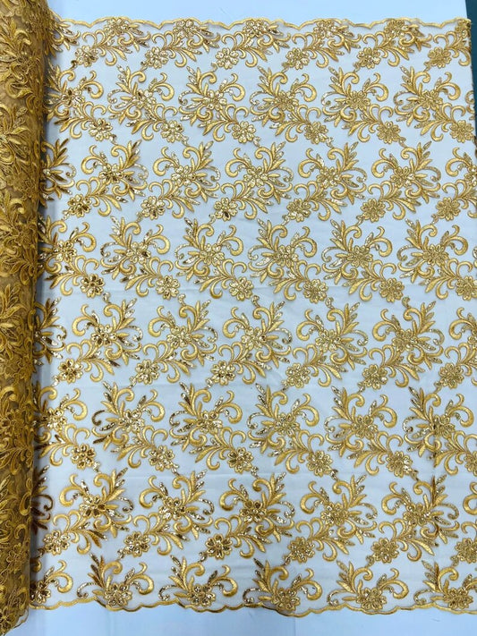 Corded flowers embroider with sequins on a mesh lace fabric-sold by the yard- Gold