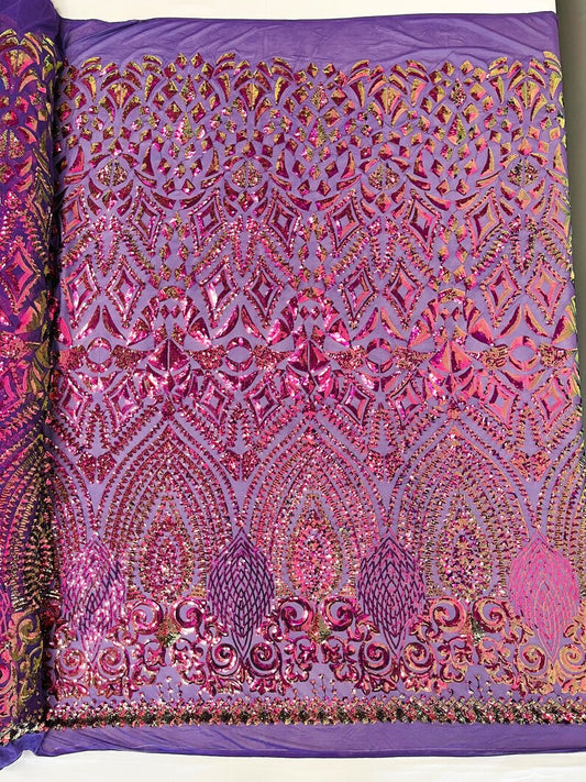 Geometric Shiny Design Sequins Embroider on a 4 Way Stretch Mesh Fabric- Sold by The Yard. New Purple Iridescent