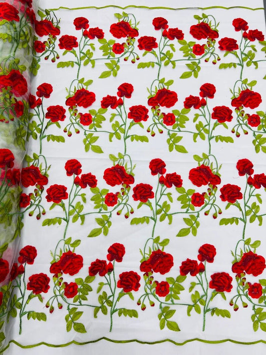 Multi color floral design embroider on a white mesh lace-dresses-apparel-fashion-prom-nightgown-decorations-sold by the yard. Red/White