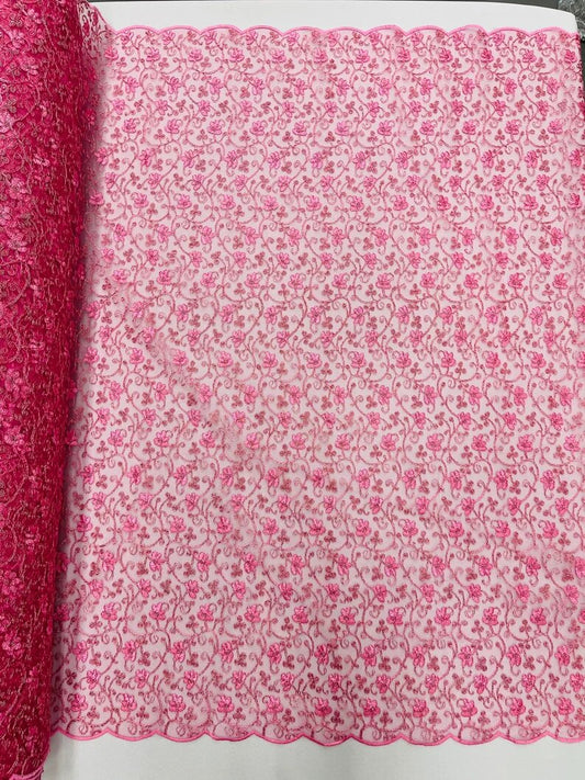 Corded flowers embroider with sequins on a mesh lace fabric-sold by the yard- Pink