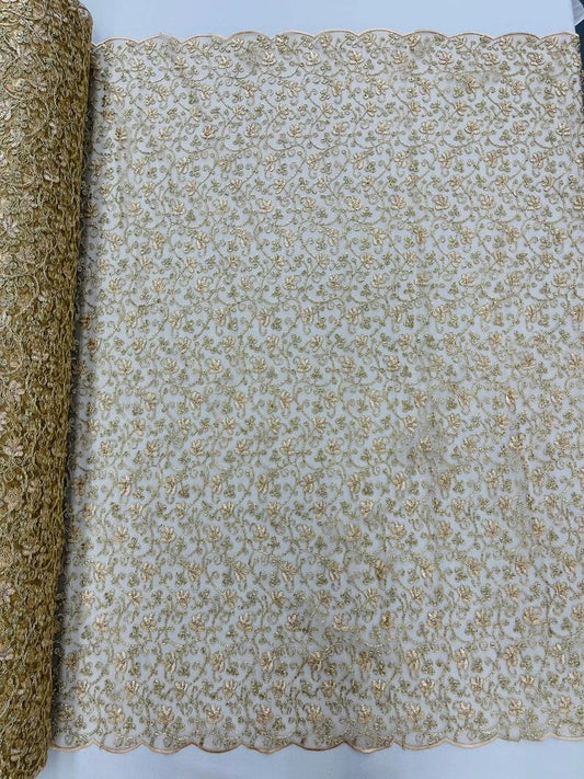 Corded flowers embroider with sequins on a mesh lace fabric-sold by the yard- Champagne/Gold Metallic
