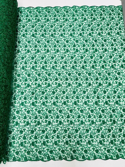 Corded flowers embroider with sequins on a mesh lace fabric-sold by the yard- Green Metallic
