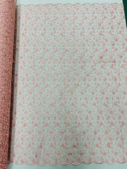 Corded flowers embroider with sequins on a mesh lace fabric-sold by the yard- Blush Pink