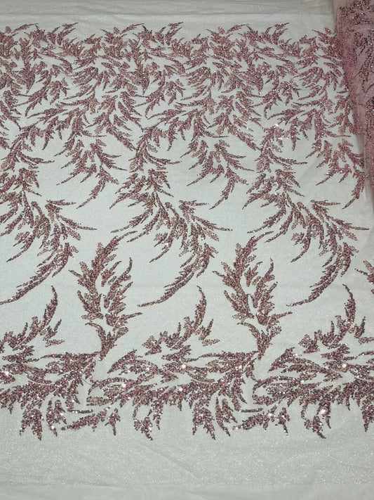 Elegant hand beaded design embroider on a glitter mesh lace-prom-sold by the yard. Dusty Pink