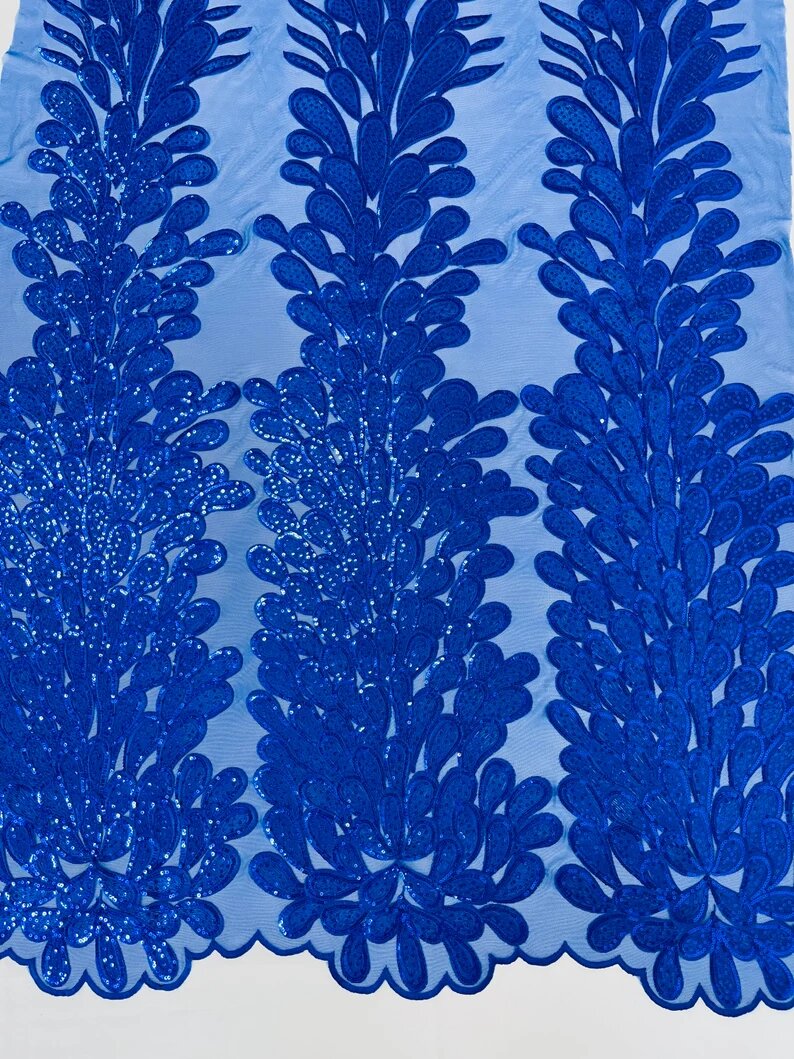 Royalty Feathers Peacock with Embroidery sequins on stretch Mesh Lace Fabric (By 3 Panels) Royal Blue