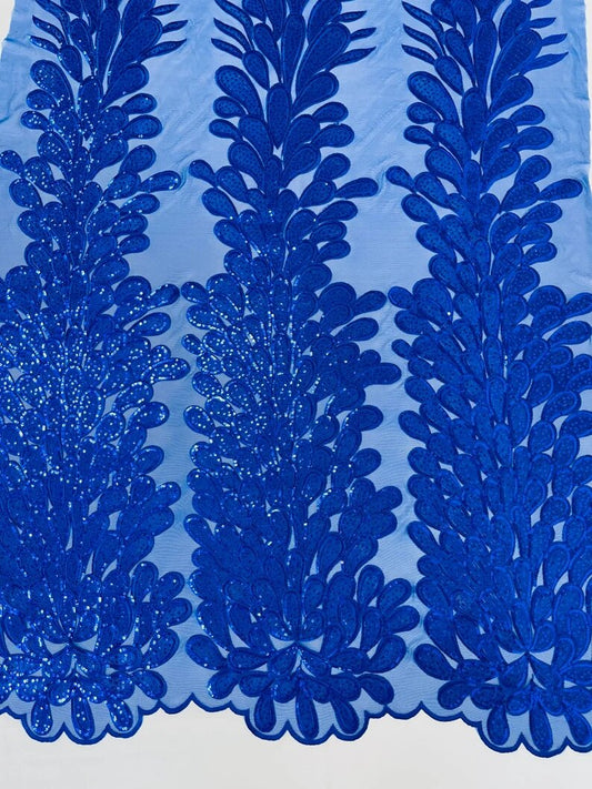Royalty Feathers Peacock with Embroidery sequins on stretch Mesh Lace Fabric (By 3 Panels) Royal Blue