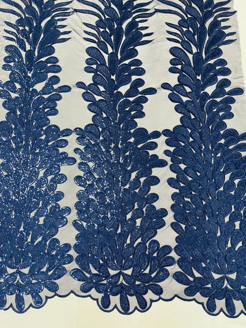 Royalty Feathers Peacock with Embroidery sequins on stretch Mesh Lace Fabric (By 3 Panels) Navy Blue