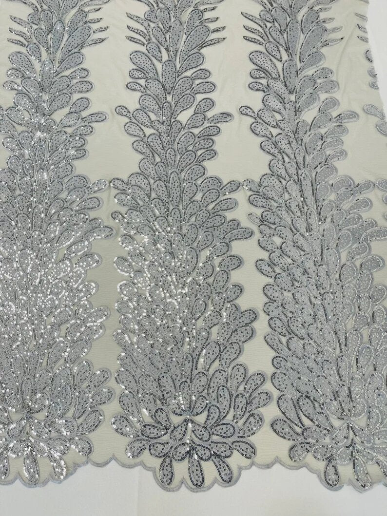 Royalty Feathers Peacock with Embroidery sequins on stretch Mesh Lace Fabric (By 3 Panels) Silver