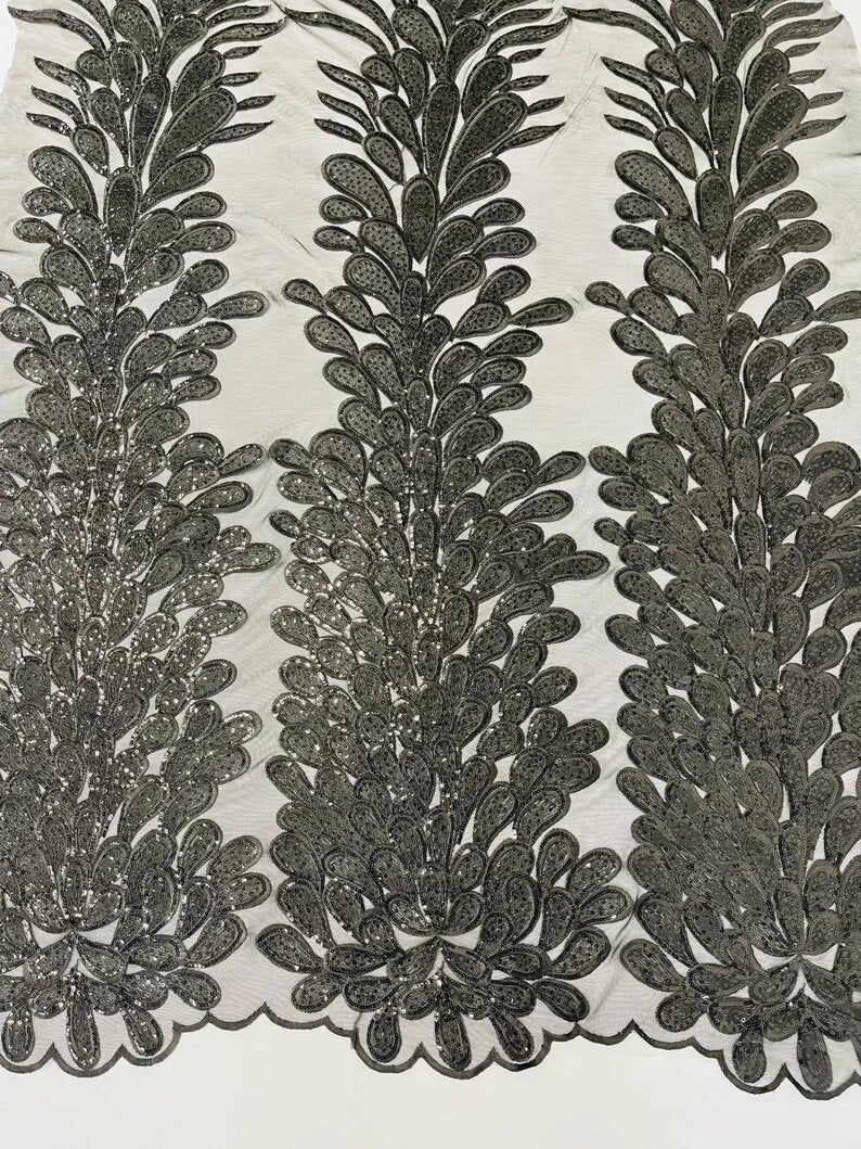 Royalty Feathers Peacock with Embroidery sequins on stretch Mesh Lace Fabric (By 3 Panels) Black