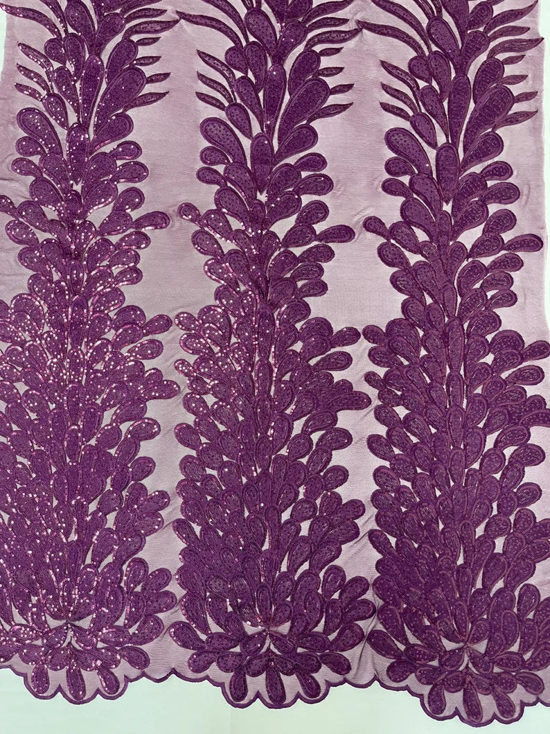 Royalty Feathers Peacock with Embroidery sequins on stretch Mesh Lace Fabric (By 3 Panels) Eggplant