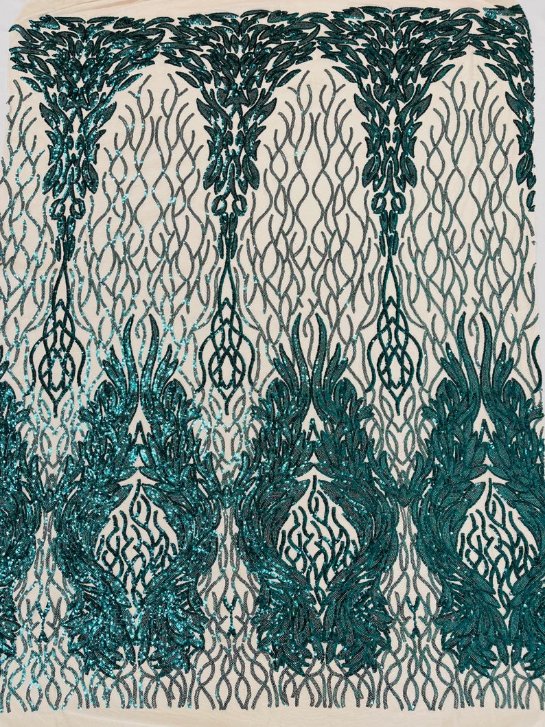 New Empire damask design with sequins embroider on a 4 way stretch mesh fabric-sold by the yard. Hunter