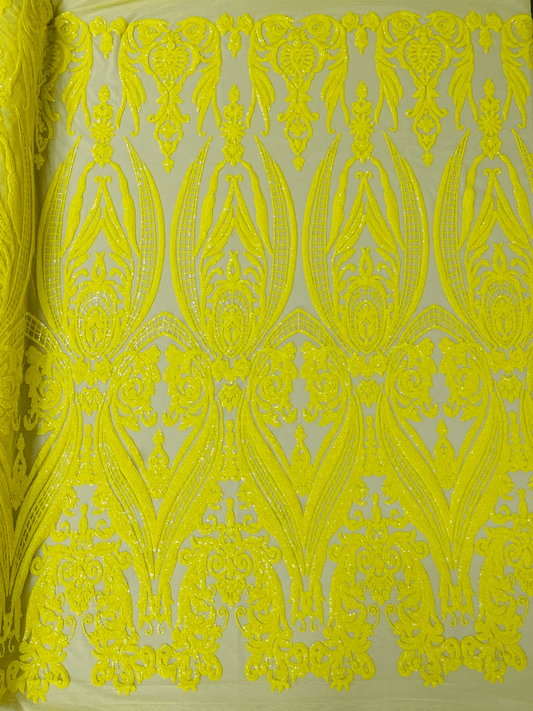 Damask Design Sequins Embroider on a 4 Way Stretch Mesh Fabric- Sold by The Yard. Yellow