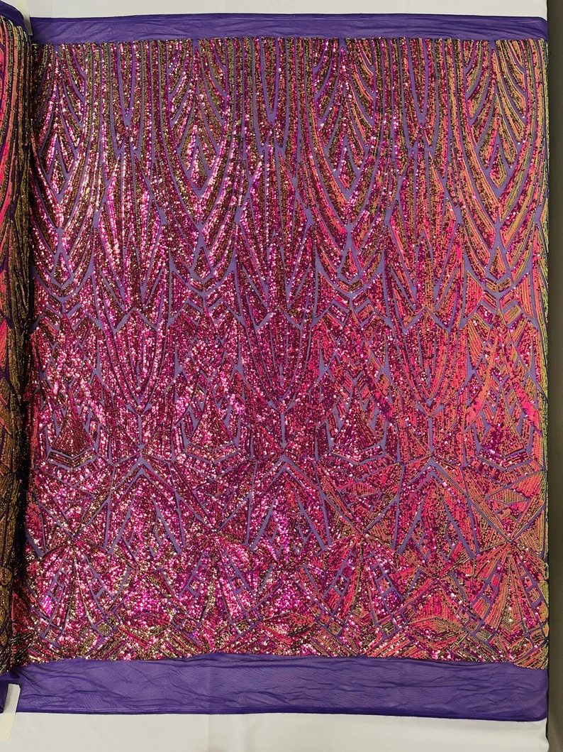 Geometric Shiny Design Sequins Embroider on a 4 Way Stretch Mesh Fabric- Sold by The Yard. Purple Iridescent