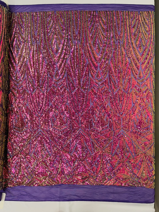 Geometric Shiny Design Sequins Embroider on a 4 Way Stretch Mesh Fabric- Sold by The Yard. Purple Iridescent