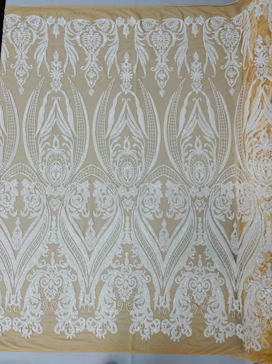 Damask Design Sequins Embroider on a 4 Way Stretch Mesh Fabric- Sold by The Yard. White Nude